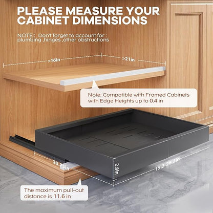 Seinloes 2 Pack Expandable Pull Out Cabinet Organizer 21"Deep With Raising Pad for Framed Cabinets,Upgrade 3 Slide Rails Slide Out Drawers,Roll Out Shelves Adhesive,Adjustable Width 15.15"-26.3" Black - Image 5
