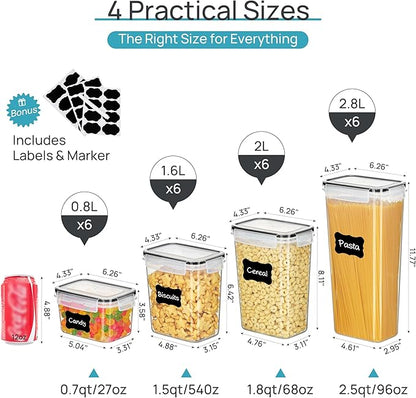 Airtight Food Storage Containers with Lids, Vtopmart 24 pcs Plastic Kitchen and Pantry Organization Canisters for Cereal, Dry Food, Flour and Sugar, BPA Free, Includes 24 Labels，Black - Image 2