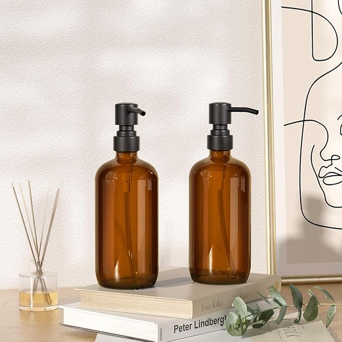 AmazerBath Amber Glass Soap Dispenser, 2 Pack Soap Dispenser Set with Stainless Steel Pump, Vintage Liquid Brown Soap Dispensers Bottle, 17 Oz Dish Soap and Hand Soap Dispensers for Bathroom Kitchen - Image 8