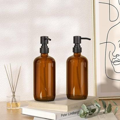AmazerBath Amber Glass Soap Dispenser, 2 Pack Soap Dispenser Set with Stainless Steel Pump, Vintage Liquid Brown Soap Dispensers Bottle, 17 Oz Dish Soap and Hand Soap Dispensers for Bathroom Kitchen - Image 8