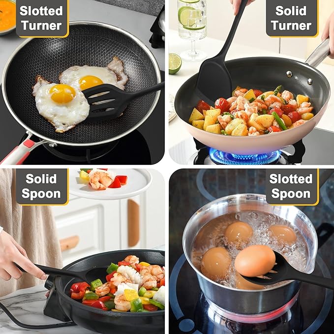 P&P CHEF Kitchen Utensil Set, 4 Pieces Non-stick Silicone Cooking Utensils, Heat-resistant Slotted Solid Spoon Turner for Frying, Mixing, Serving, Non-toxic & Easy to Clean, Black - Image 4