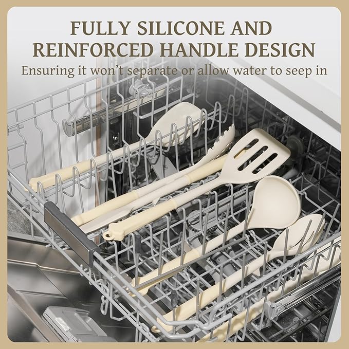 Kikcoin 43Pcs Large Kitchen Utensils Set - Silicone Cooking Utensils Set, Dishwasher Safe Spatula Set for Non-stick Cookware, 446°F Heat Resistant Kitchen Utensils Set with Holder BPA Free, Cream - Image 6