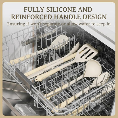 Kikcoin 43Pcs Large Kitchen Utensils Set - Silicone Cooking Utensils Set, Dishwasher Safe Spatula Set for Non-stick Cookware, 446°F Heat Resistant Kitchen Utensils Set with Holder BPA Free, Cream - Image 6