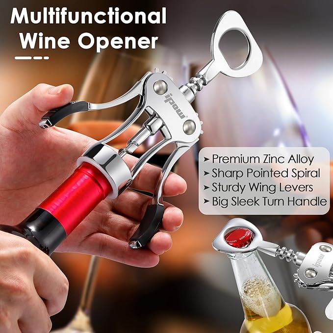 IPOW Wine Opener, Zinc Alloy Wine Bottle Opener, Wing Corkscrew Heavy Duty, Manual Multifunctional Cork Screw for Waiter, - Image 3