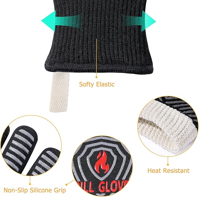 QUWIN BBQ Gloves, Oven Gloves 1472℉ Extreme Heat Resistant, Grilling Gloves Silicone Non-Slip Oven Mitts, Kitchen Gloves for BBQ, Grilling, Cooking, Baking-1 Pair… (Black, One Size(Long Cuff)) - Image 6