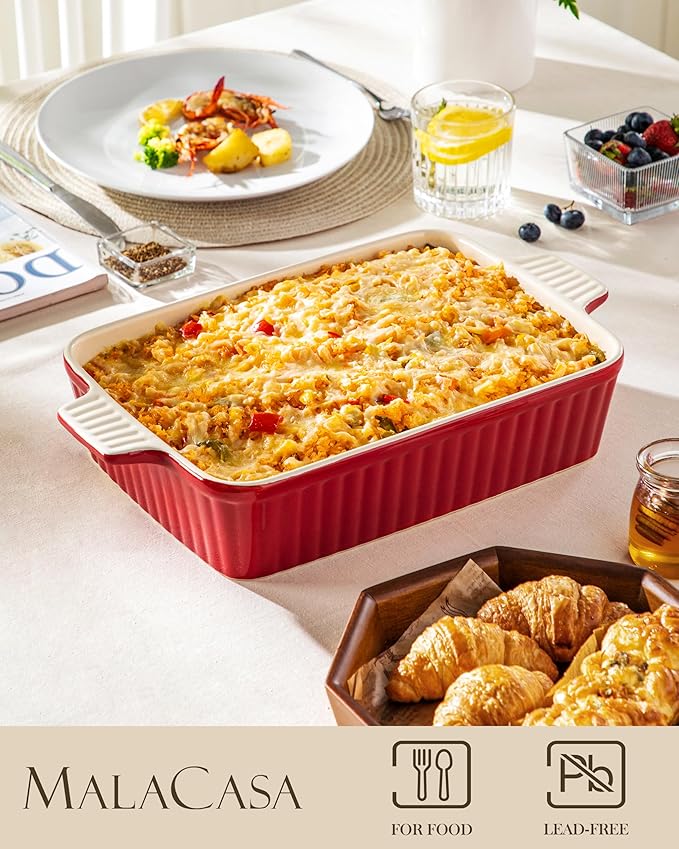 MALACASA 4.4 QT Baking Dish, 9x13 Large Casserole Dish for Oven, Ceramic Baking Pan, Rectangular Lasagna Pan Deep with Handles for Baking, Durable Microwave Oven Safe, Red, Series BAKE-BAKE - Image 3