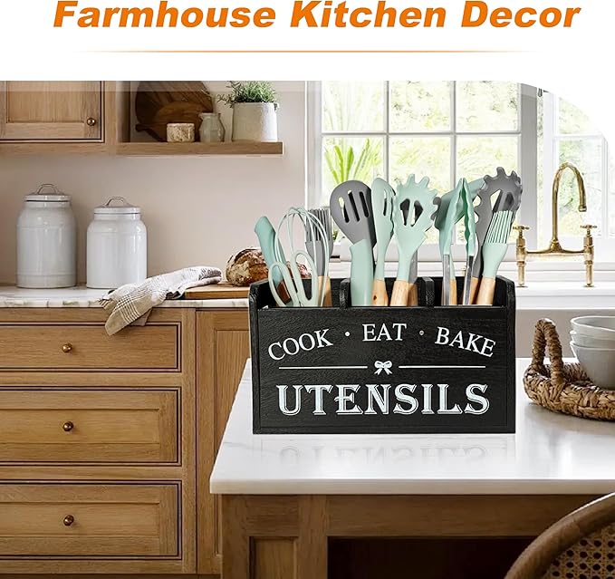 Wooden Kitchen Utensil Holder with 3 Compartments, Utensil Storage Organizer for Kitchen Counter, Farmhouse Decor & Rustic Cooking Tools Storage(Black) - Image 3