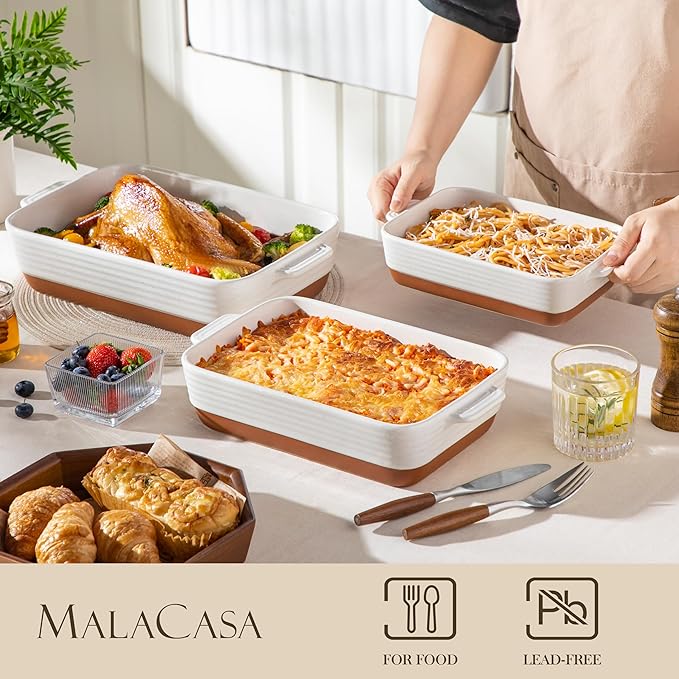 MALACASA Casserole Dishes for Oven, Ceramic Baking Dishes Set of 3, Baking Pan Casserole Dish Set, Rectangular Lasagna Pan Deep with Handles for Baking, Khaki White (14.5''/13''/10.5''), Series TARA - Image 3