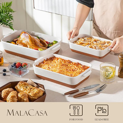 MALACASA Casserole Dishes for Oven, Ceramic Baking Dishes Set of 3, Baking Pan Casserole Dish Set, Rectangular Lasagna Pan Deep with Handles for Baking, Khaki White (14.5''/13''/10.5''), Series TARA - Image 3