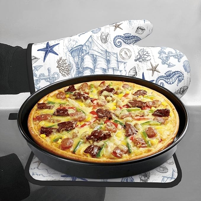Navy Blue Oven Mitts and Pot Holders Sets Summer Beach Starfish Seashell Oven Glove Hot Pads for Kitchen Nautical Chef Gifts for Cooking Lover Cooks - Image 7