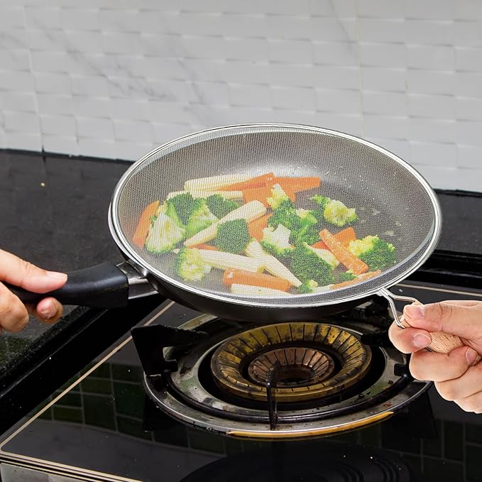 8.3Inch Grease Splatter Screen, Stainless Steel Grease Splatters Guard with Wood Handle Hot Oil Splash Protector Splatter Screen for Frying Pan Kitchen Cooking Gadgets Supplies - Image 8