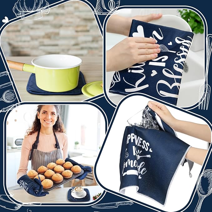 Fourluoo 10 Pcs Farmhouse Kitchen Decor and Accessories Set 4 Kitchen Towels 2 Pot Holders 2 Oven Mitts 2 Rugs for Cooking Baking Mom Housewarming Gifts(Dark Blue,Classic Style) - Image 5