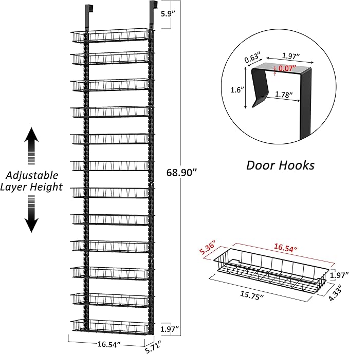 Churboro Over the Door Pantry Organizer Rack with 12 Adjustable Baskets, 12 Tiers Dual-use Spice Rack- Hanging or Wall Mount Spice Rack, Pantry Door Organizer, Black - Image 2