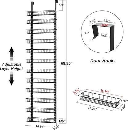 Churboro Over the Door Pantry Organizer Rack with 12 Adjustable Baskets, 12 Tiers Dual-use Spice Rack- Hanging or Wall Mount Spice Rack, Pantry Door Organizer, Black - Image 2