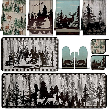 Fourluoo 10 Pcs Farmhouse Kitchen Decor Set Dish Towels Kitchen Rugs Oven Mitts and Pot Holders for Cooking Baking Grilling Women Mom Daughter Gift(Brown,Green,Forest)