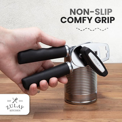 Zulay Kitchen Heavy Duty Stainless Steel Can Opener Manual with Bottle Opener - Rust Proof Manual Can Opener With Turn Knob & Comfy Soft Grip Handles - Black - Image 5
