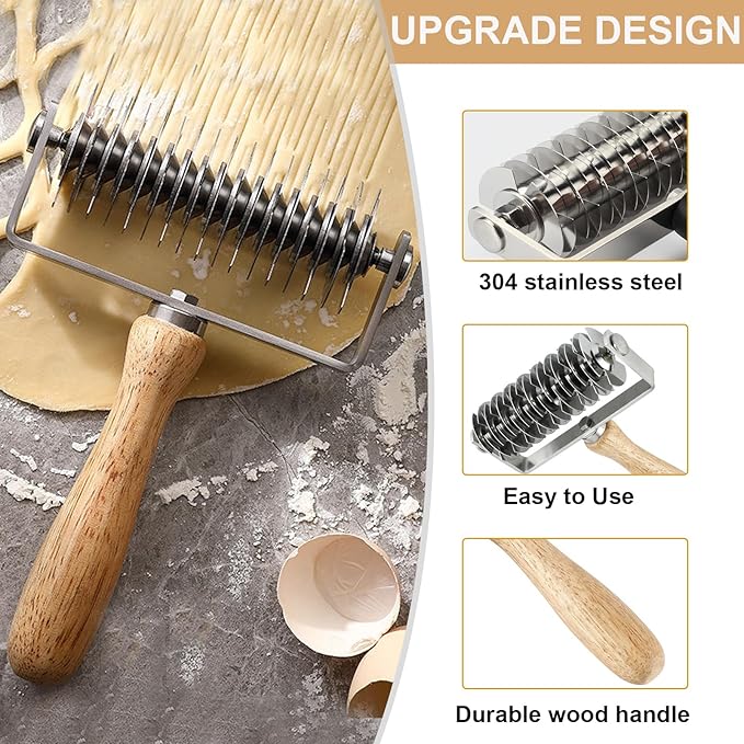 Pastry Lattice Roller Cutter, Stainless Steel Multi-Wheel Dough Cutter with Wooden Handle, Pie Crust Strip Cutters for Pastry, Pizza Dough, Bread & Beef Wellington