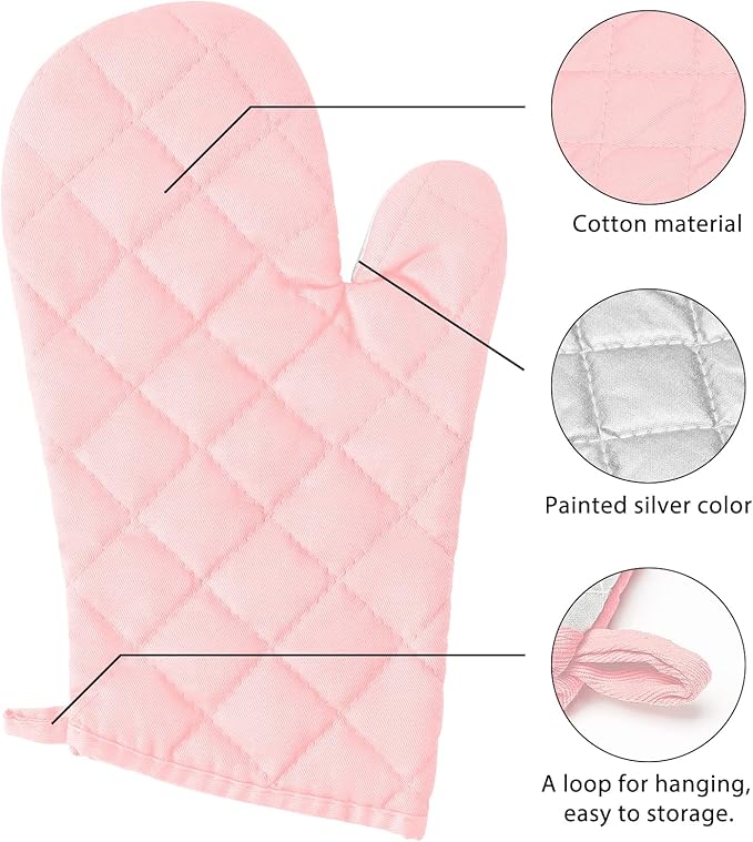 GROBRO7 6Pcs Cotton Oven Mitts and Pot Holders Set Heat Resistant Hot Pads Durable Pocket Pot Holder Machine Washable BBQ Gloves with Hanging Loop for Safe Kitchen Baking Cooking Grilling Pink - Image 3