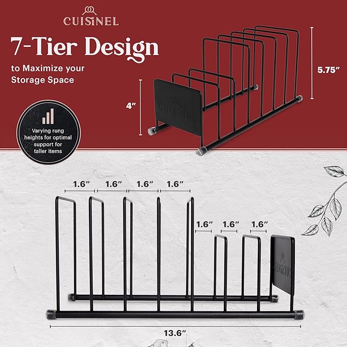 Cuisinel Pot Lid and Dish Organizer Rack - Matte Black Kitchen Storage/Organization Stand - 7-Tier Cabinet/Counter, Cookware, Pots and Pan Lids/Covers, Cutting Board Holder Organizer - Image 4