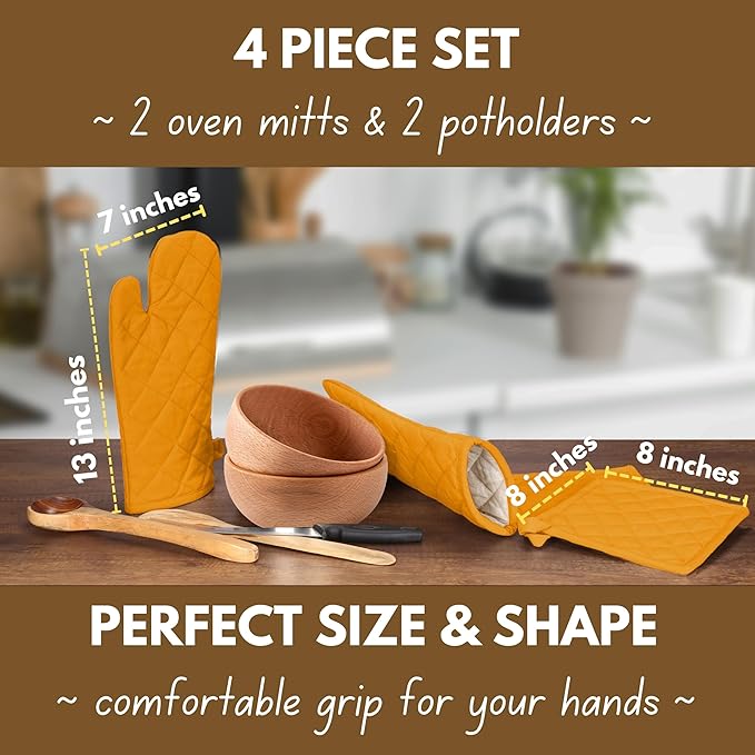 Native Fab 4 Piece Set - 2 Oven Mitts & 2 Potholders, Heat Resistant, 100% Cotton, Quilted Design, Non-Slip Grip, Machine Washable, Ideal for Baking, Cooking, BBQ, Kitchen Protection - Mustard Yellow - Image 2