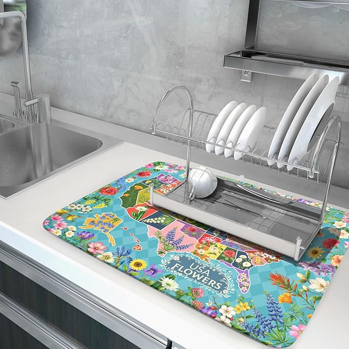 Flower Map Dish Drying Mat Colorful Floral Microfiber Large Dish Drying Pad for Kitchen Counter 18 X 24 In - Image 5