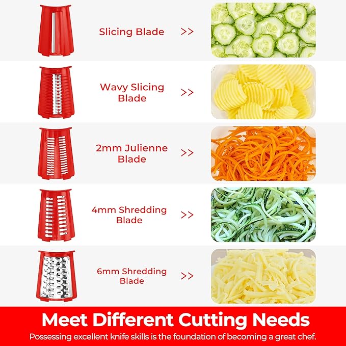 SUSTEAS Rotary Cheese Grater with Handle - Vegetable Shredder with 5 Well-designed Blades & Strong Suction Base,Round Mandoline Slicer & Food Chopper for Kitchen,with Blade Storage Box(Red) - Image 3