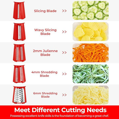 SUSTEAS Rotary Cheese Grater with Handle - Vegetable Shredder with 5 Well-designed Blades & Strong Suction Base,Round Mandoline Slicer & Food Chopper for Kitchen,with Blade Storage Box(Red) - Image 3