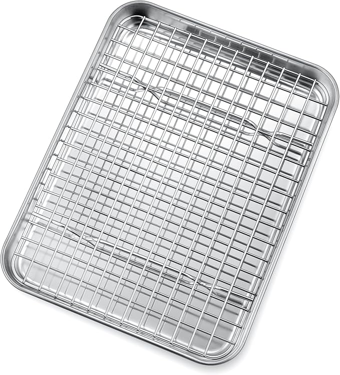 P&P CHEF 10.4 Inch Toaster Oven Pan with Rack Set, Stainless Steel Baking Pan Tray and Grid Cooling Rack for Cooking/Roasting, Dishwasher Safe & Easy to Clean, Non-toxic & Sturdy, (2Pcs)