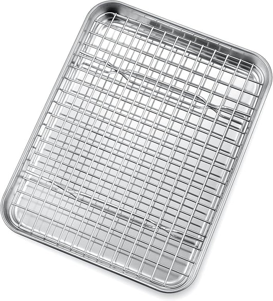 P&P CHEF 10.4 Inch Toaster Oven Pan with Rack Set, Stainless Steel Baking Pan Tray and Grid Cooling Rack for Cooking/Roasting, Dishwasher Safe & Easy to Clean, Non-toxic & Sturdy, (2Pcs)