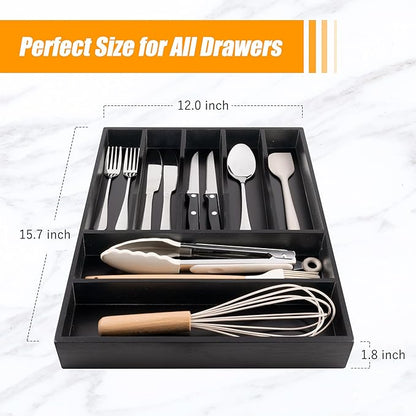 Bellsal Bamboo Silverware Drawer Organizer, Utensil Kitchen Drawer Organizer, Utensil Holder Cutlery Tray with Grooved Drawer Dividers for Kitchen Utensils and Flatware Bedroom Office (7 Slot, Black) - Image 3
