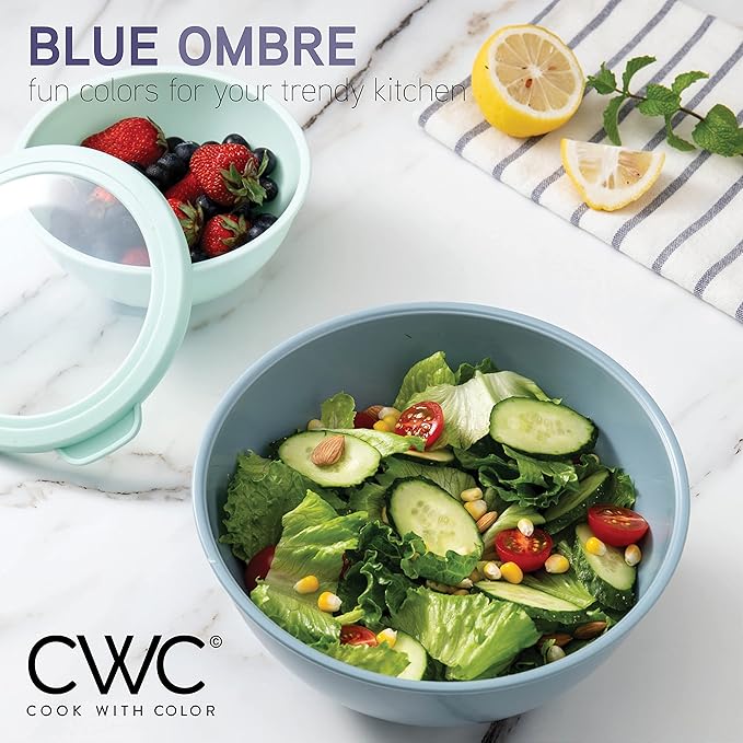 COOK WITH COLOR Mixing Bowls with TPR Lids - 12 Piece Plastic Nesting Bowls Set includes 6 Prep Bowls and 6 Lids, Microwave Safe (Blue) - Image 3