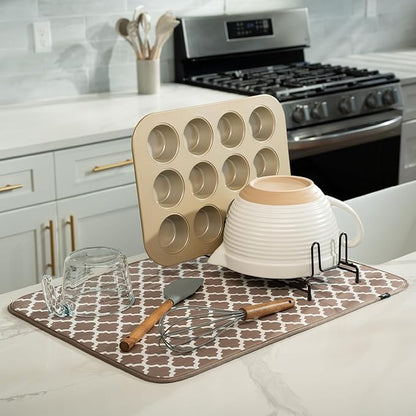 S&T INC. Dish Drying Mat XL, 18” x 24”, Absorbent Microfiber Kitchen Counter Mat, Dish Drying Pad for Dishes, Utensils, Pots and Pans, Extra Large, Taupe Trellis - Image 2