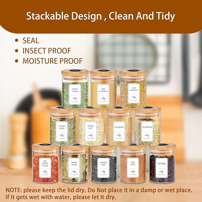 SLifeJars-Spice Jars with Label, 7.5 oz 20pcs Spice Containers Glass Jars with Bamboo Lids, Seasoning Containers Bottles,Airtight Empty Spice Jars for Spice Rack, Drawer,Cabinet,Pantry - Image 5