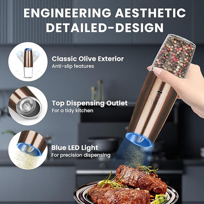 UNNEES Rechargeable Electric Salt and Pepper Grinder set of 2, gravity electric salt and pepper grinder set, Adjustable Roughness, LED Light, 2 Pack, (Copper) - Image 4