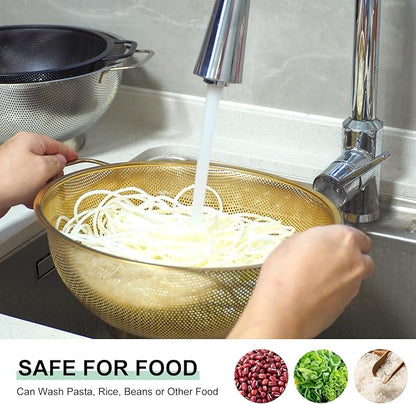 3PCS Three Colors Mix Colander Set, 3QT Black & 4QT Silver & 5QT Gold, Stainless Steel Pasta Strainer with Handle for Prepping Washing Draining Storing Food, Dishwasher Safe - Image 6
