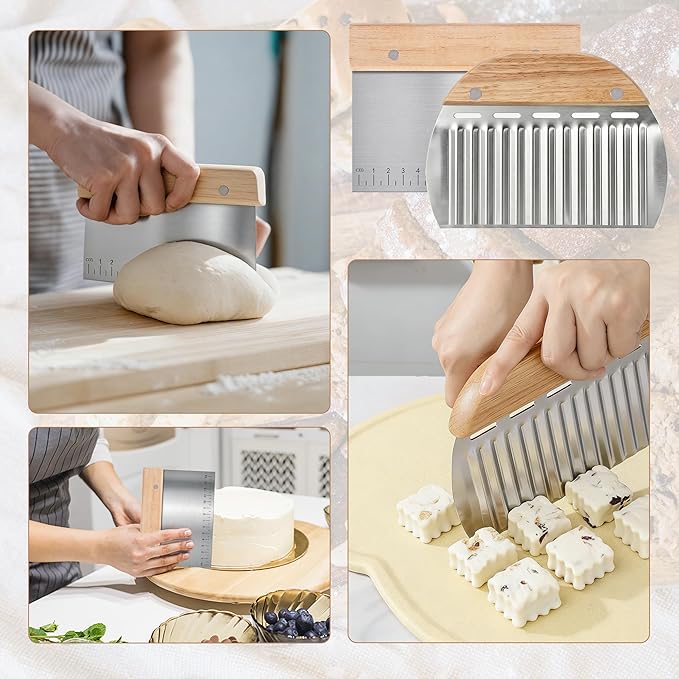 5 Pcs Bench Scraper, Bench Scraper Kitchen 2 Pcs Stainless Steel Dough Scraper with Wood Handle and 3 Pcs PP Food Scraper with Hanging Hole, Multipurpose Bread Dough Cutter for Baking-Yellow - Image 7