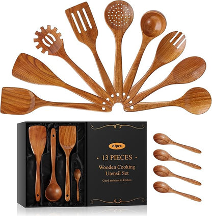 KLYRO 13 Pcs Wooden Cooking Utensil Set with Gift Box – Natural Wooden Spoons for Cooking & Serving, Nonstick Friendly, Perfect Housewarming & Holiday Gift by KLYRO