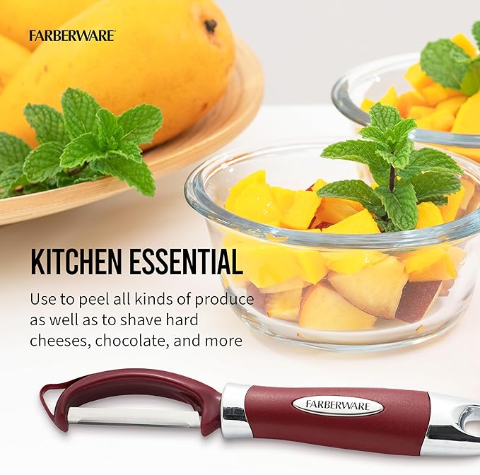 Farberware Pro2 Euro Vegetable Peeler with Ergonomic Handle, Razor-Sharp Stainless Steel Swivel Blade, Dishwasher Safe - Red, Peelers for Kitchen Use on Potatoes, Fruits, and More - Image 3
