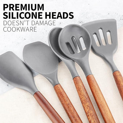 Zulay Kitchen Utensils Set Non-Stick Silicone Cooking Utensils Set with Authentic Acacia Wood Handles - 5 Piece Silicone Utensil Set - Kitchen Utensils Set with 464°F Heat Resistance - Gray - Image 9