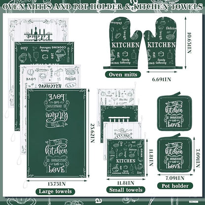 12 Pcs Farmhouse Kitchen Decor and Accessories Sets 4 Green Kitchen Towels 4 Absorbent Dishcloths 2 Pot Holders 2 Oven Mitts Gloves for Home Decorations Mom Gifts