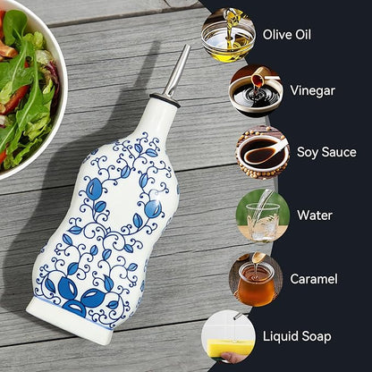 Ceramic Oil Dispenser 16oz, Square Blue and White Olive Oil Bottle with Stainless Steel Spout & Funnel, Leak-Proof Drip-Free Oil Cruet for EVOO, Vinegar, Soy Sauce, Kitchen Use