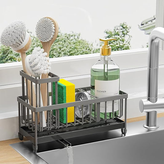 Cisily Sponge Holder for Kitchen Sink, Sink Caddy Organizer with High Brush Holder, Kitchen Countertop Organizers and Storage Essentials, Rustproof 304 Stainless Steel (Dark Grey, 9.25″) by CISILYHOMELIFE