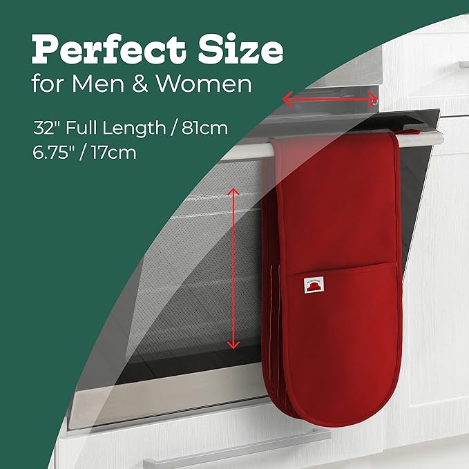 Red Double Oven Mitt Kitchen Protection - Pack of 1-32" Long - Heat Resistant Cotton Professional Grade with Terrycloth Lining