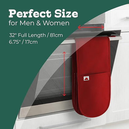 Red Double Oven Mitt Kitchen Protection - Pack of 1-32" Long - Heat Resistant Cotton Professional Grade with Terrycloth Lining