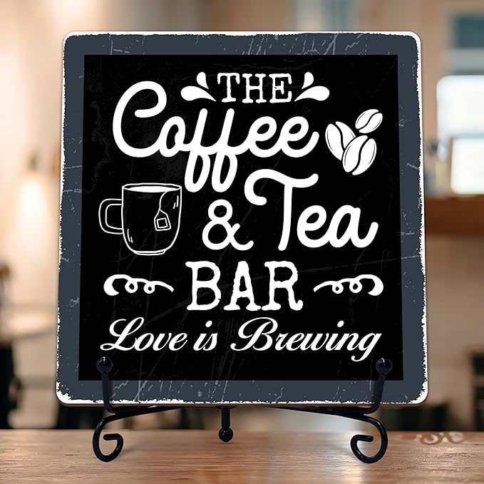 Coffee Bar Sign, Love is Brewing Farmhouse Tabletop Decor, Coffee and Tea Lover Gifts, 5x5 Wood Plaque with Iron Stand for Home Kitchen Cafe, Coffee Bar Decor – L03 by TIRYWT