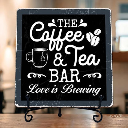 Coffee Bar Sign, Love is Brewing Farmhouse Tabletop Decor, Coffee and Tea Lover Gifts, 5x5 Wood Plaque with Iron Stand for Home Kitchen Cafe, Coffee Bar Decor – L03 by TIRYWT