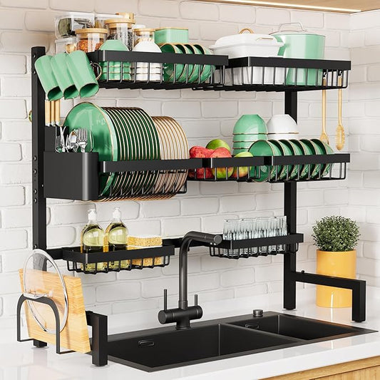 Kitsure Over The Sink Dish Drying Rack - 31.5" to 39.4" x 30.3", Adjustable Sink Drying Rack for Kitchen Sink with Multifunctional Baskets, Black by Kitsure