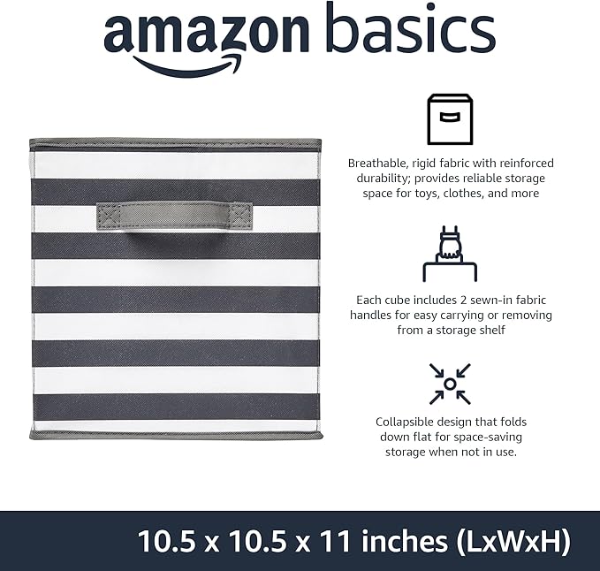 Amazon Basics Collapsible Fabric Storage Bins with Handles, Cube Organizer for Home Organization, 10.5"x10.5"x11", White/Light Grey Stripe, 6-Pack - Image 2