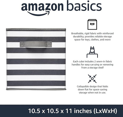 Amazon Basics Collapsible Fabric Storage Bins with Handles, Cube Organizer for Home Organization, 10.5"x10.5"x11", White/Light Grey Stripe, 6-Pack - Image 2