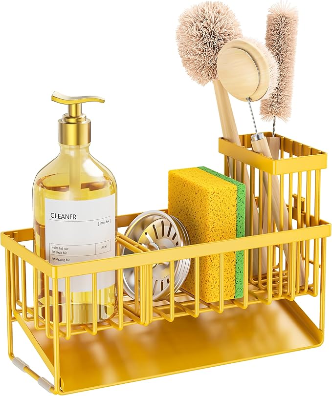 Cisily Lemon Yellow Sink Caddy Organzier with High Brush Holder, Sponge Holder for Sink, 304 Rustproof Stainless, Kitchen Countertop Soap Dispenser Organizer, Lemon Kitchen Decor and Accessories - Image 7